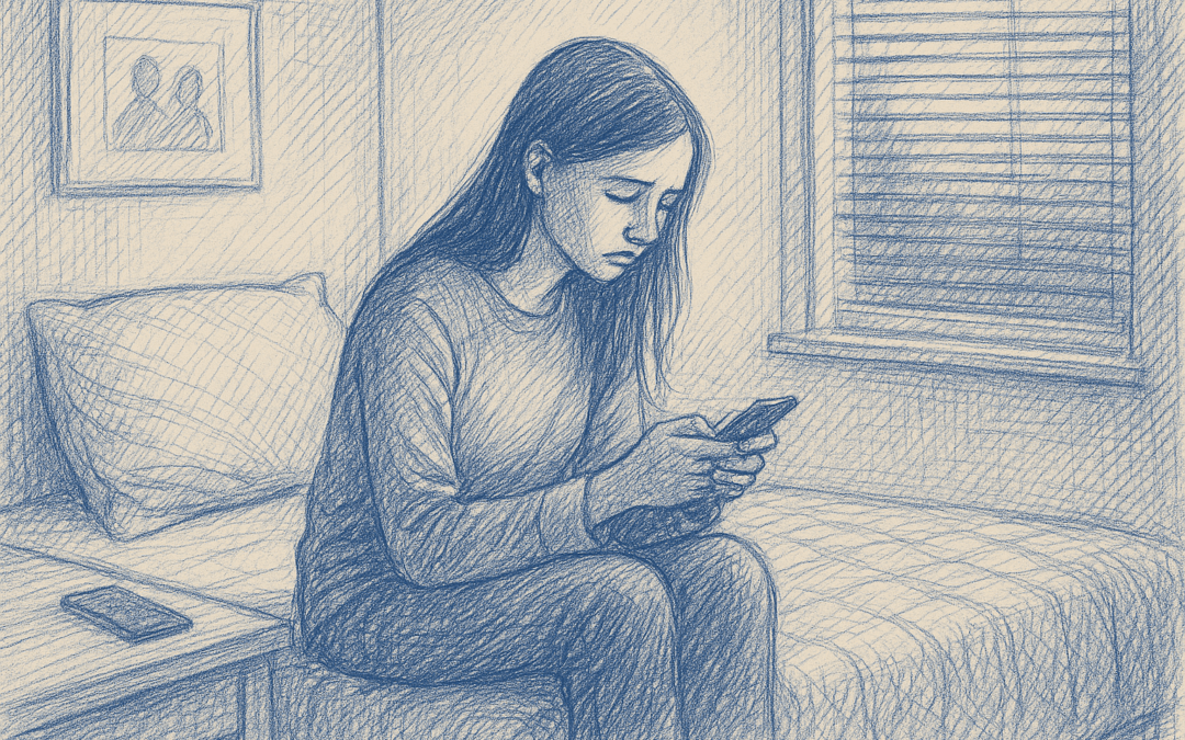 Drawing of girl on bed, looking lonely.