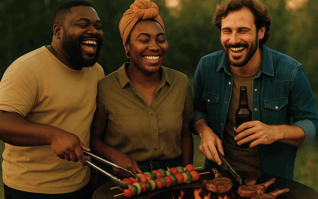 Table of Us by Wham Bam for Kate and Ginger. Three friends standing around a braai.