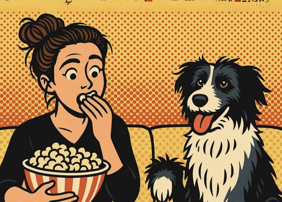 Kate and Bugsy eating popcorn.