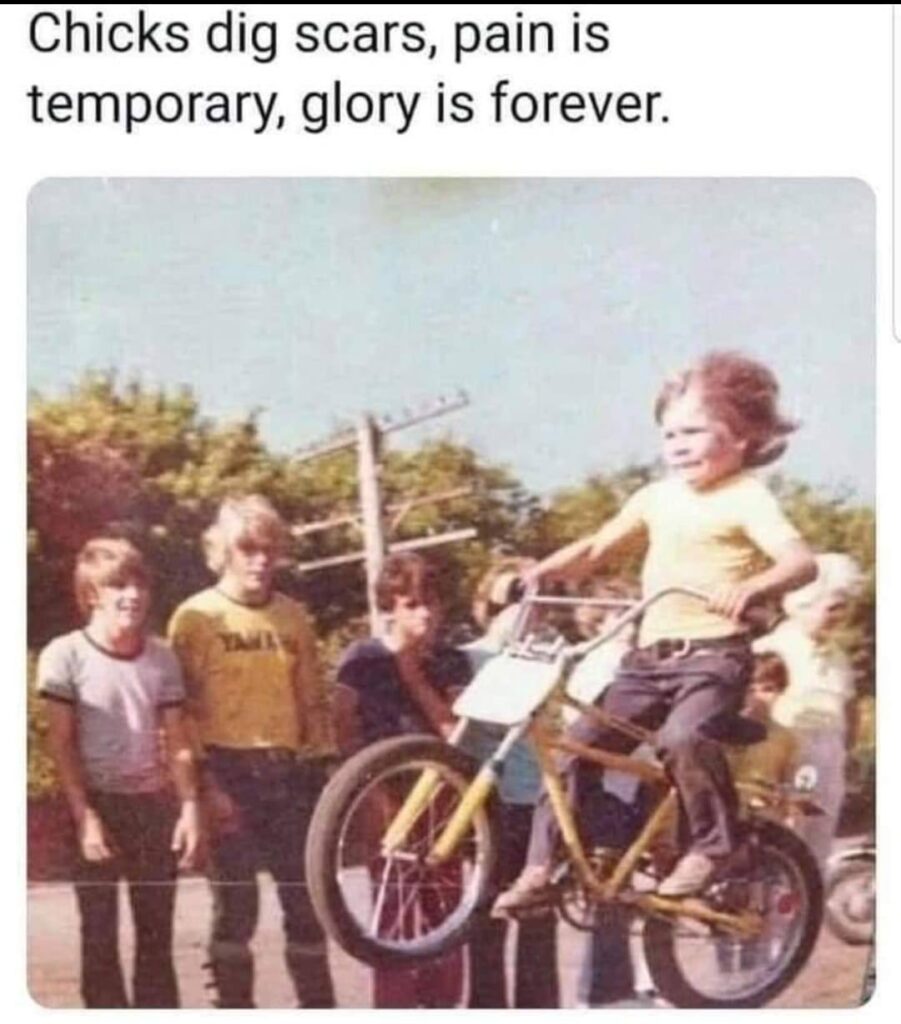 meme of a 1980s photo of a boy doing a stunt on his BMW bike.